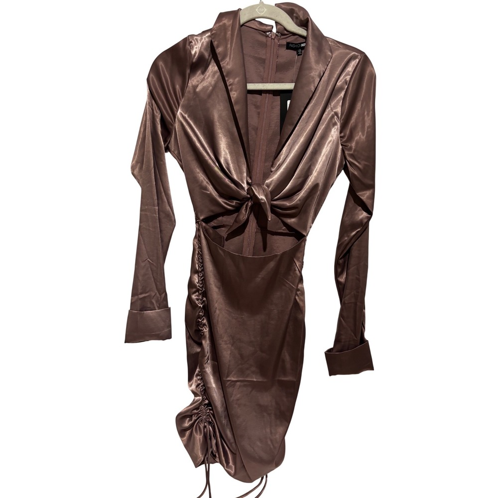 New Fashion Nova cocktail Satin Mini Dress Mauve Brown‎ XS Cutout Ruched wedding